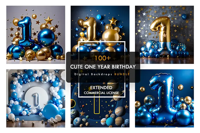 digital 1 year birthday backdrops