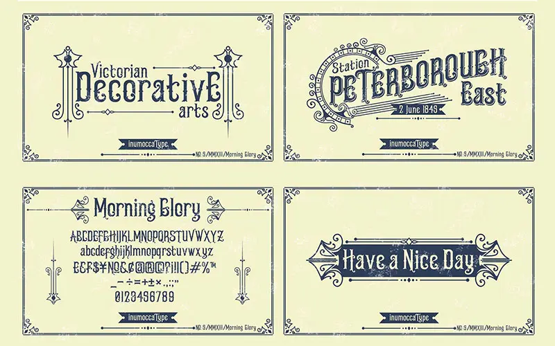 A collage of 4 images with texts written using the Morning Glory Fonts included in the retro typeface bundle