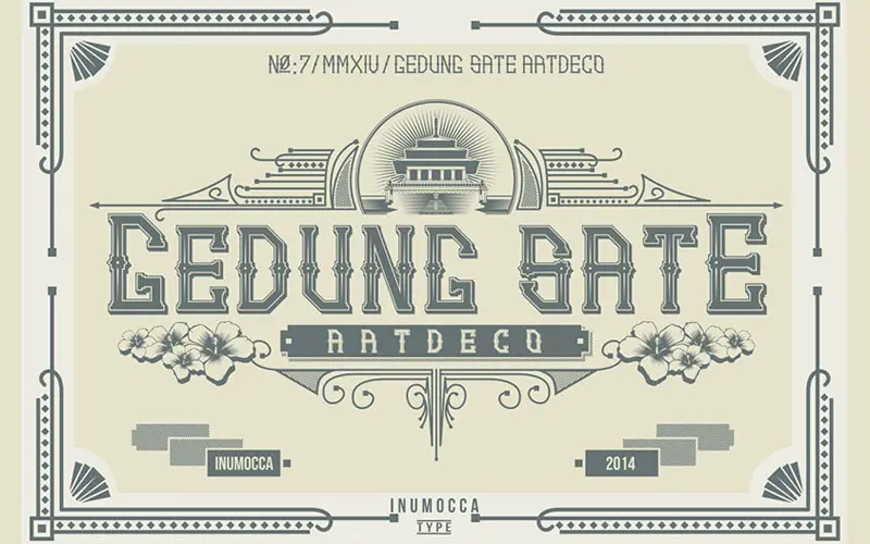 A preview image of the Gedung Gate Artdeco Font included in the cool retro fonts bundle