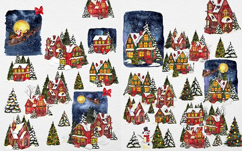 A collage of watercolor christmas graphics