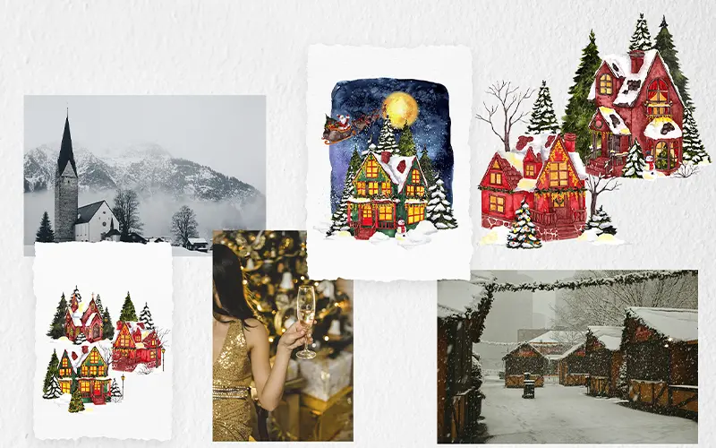 Collage of various watercolor Christmas graphics showcasing festive designs