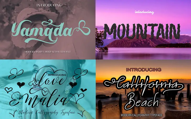 Preview Of The Classic Fonts - Yamada, Mountain, Love Malia & Callifornia Beach